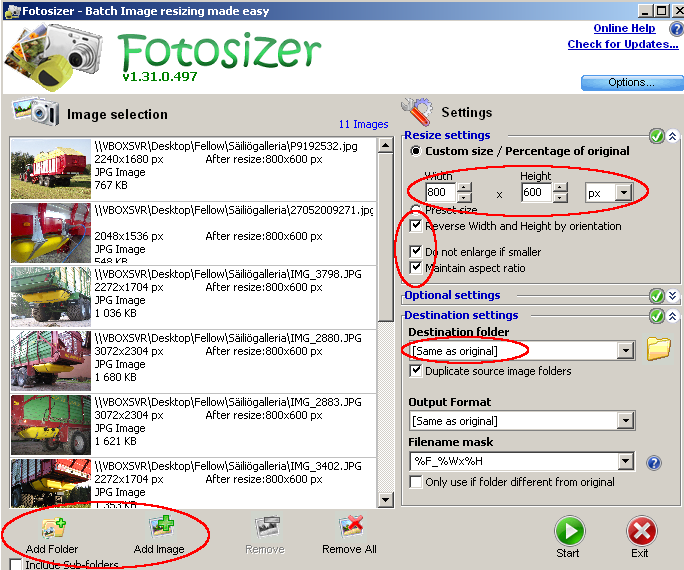 Fotosizer-asetukset